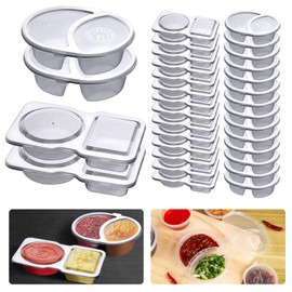32 Sets Double Compartment Condiment Container, Disposable 2 Compartment Snack Containers with Lids, Reusable Plastic Double Condiment Containers for Salad, Sampling, Dipping Sauce，Travel Snack