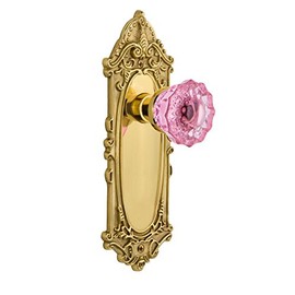 Nostalgic Warehouse 721261 Victorian Plate Crystal Pink Glass Door Knob in Polished Brass, Passage 2.75