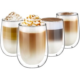 glastal 4x350ml Double Walled Coffee Glasses Mugs Cappuccino Latte Macchiato Glasses Cups for Coffee Tea Milk Juice Ice Cream Borosilicate Heat Resistant Glass Cups