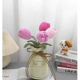 Nehsiac Handmade Crochet Tulip Artificial Flowers, Pink Artificial Flowers, and Yellow Artificial Flowers with a vase, Suitable for Home, Holiday Scene Display, and Gifting to Friends(Pink)