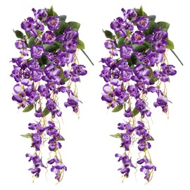 Artificial Hibiscus Fake Hanging Flowers Plants for Outdoors Spring Summer Decor, 2pcs Silk Hibiscus Long Trailing Vines UV Resistant Realistic Faux Flower for Outside Front Door Porch Patio, Purple