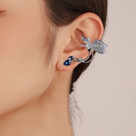 Iaceble Boho Crystal Butterfly Ear Cuff Earrings Sapphire Ear Climber Earrings Cz Butterfly Ear Clip Wrap Earrings silver Butterfly Crawler Earrings Jewelry for Women and Girls