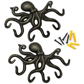 ChasBete Wall Hooks for Hanging, Iron Octopus Key Holder for Wall, Decorative Hooks 2Pcs - Bronze