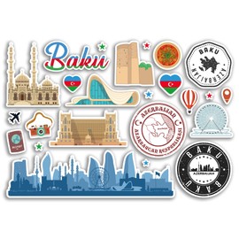 A5 Sticker Sheet Baku Landmarks Vinyl Stickers - Azerbaijan Airport Stamps Skyline Flag Map Travel Holiday Scrapbooking City Luggage #79145
