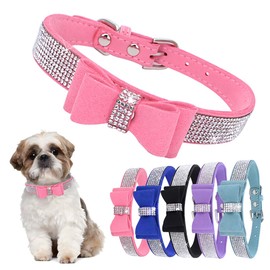 Bowtie Diamante Dog Collar, Pink Dog Collar Adjustable Girls Female Cute Sparkling Crystal Diamond Puppy Collars for Small Medium Large Dogs Pink M