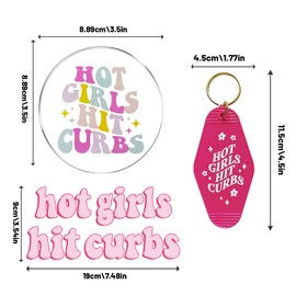 3PCS Hot Girls Hit Curbs Sticker,Hot Girls Hit Curbs Car Ornament and Hot Girls Hit Curbs Key Chain,Vinyl Waterproof Funny Bumper Sticker,Pink Keychain Accessories,Car Mirror Hanging Charm Accessories