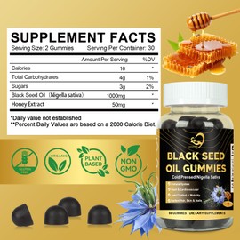 Black Seed Oil Gummies for Women 1000mg, 2% Thymoquinone Cold Pressed Nigella Sativa Extract – Black Cumin Seed Oil Supplement, Omega 3 6 9 for Daily Wellness, Hair & Skin Support – 60 Gummies