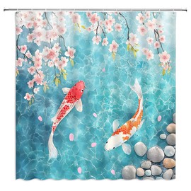 Cherry Blossom Shower Curtain Goldfish Japanese Pond Pink Flower Asian Chinese Oriental Spring Nature Scenery Watercolor Carp Bathroom Decor Curtains with Hooks