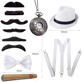 Accesorios para disfraces de hombre de los años 20, disfraz de gánster de la mafia Gatsby con sombrero de gánster panamá, tirantes, pajarita, bigote falso, reloj de bolsillo vintage para fiesta
