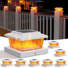 APONUO Solar Post Cap Lights with Flickering Flame & Warm White, 8-Pack for 4x4 Wood/ 5x5 Vinyl Posts, Solar Powered Deck & Fence Lights, Auto On/Off, IP65 Waterproof, Matte White
