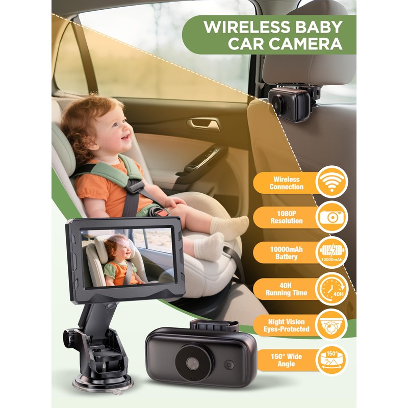 Wireless Baby Car Camera - 40 Hours Rechargeable Battery with