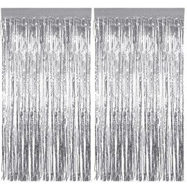 2Pcs 3.3ft x 8.2ft Tinsel Foil Curtains, Silver Metallic Foil Fringe Curtains, Backdrop Curtain Streamers for Baby Shower Birthday Bridal Shower Wedding Holiday Halloween Christmas (Silver)