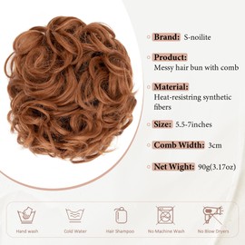 S-noilite Short Combs Messy Hair Bun Clip in Hair Extensions Curly Wavy Ponytail Scrunchy Scrunchie Chignon Updo Dish Hair Bun Hairpieces,Light Auburn