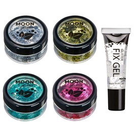 Moon Glitter Biodegradable Eco Glitter - 100% Cosmetic Organic Glitter for Face, Body, Nails, Hair and Lips - Set of 4 x 3 g - Plus Glitter Fixing Gel