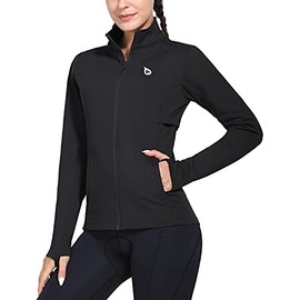 Baleaf Women's Fleece Full Zip Running Jacket Water Resistant Pockets Cycling Yoga Golf Workout Track Jacket Thumb Holes Black XS