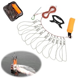Fish Stringer, Stainless Steel Fishing Stringer Clip Live Fish Lock, Big Fish Wire Rope Lock with 10 Snaps/Plastic Handle/Float, Fish Holder for Sea Fishing, Ice Fishing and Kayak 10M 10-Snap