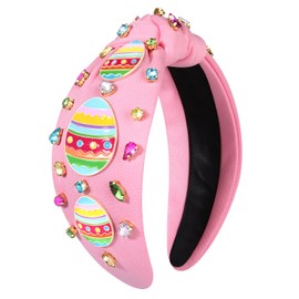 Easter Headband Cute Bunny Carrot Egg Charm Knotted Headband Colorful Rhinestone Jewelry Wide Knot Head Band Easter Hair Acccessories Gift for Women Girls (Easter egg knot headband C)