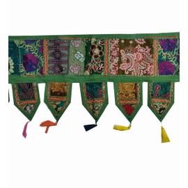 INDIAN CRAFT CASTLE Cotton Vintage Patchwork Door Hanging Valance Window Hand Embroidered Toran Bohemian Decor Living Room Wall Home Handmade Thoranam Bandanwar Decorations (Dark Green, 2 Meter)