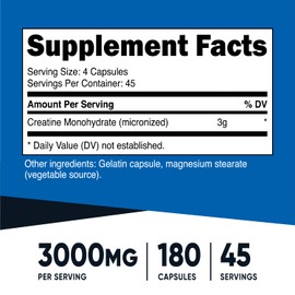 Nutricost Creatine Monohydrate 3,000mg, 180 Capsules (750mg Per Capsule) - Gluten Free, Non-GMO