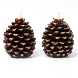 Modiglo LED Pine Cone Candles, Battery Operated Flameless Candles with Timer Unscented Wax Pinecone Candles Brown 2 Pack for Christmas Home Party Decoration(D3.9 x H5.9 Inch)