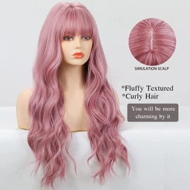 Esmee 26 Inches Long Pink Wig with Bangs Natural Synthetic Hair Wavy Wigs for Women Daily Party Cosplay Wear