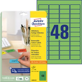 Avery L6040-20 Removable Mini Labels (45.7 x 21.2 mm Labels, 48 per A4 Sheet, 20 Sheets) for all printers - Green