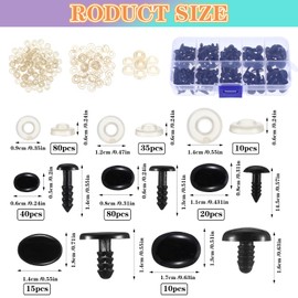 Tyqour Safety Eyes for Crochet Animals, Pack of 250 Safety Eyes and Safety Noses with Washers, Doll Eyes Safety Noses Plastic Eyes for Crochet Animals, for Doll Plush Toy (6-17 mm)