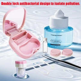CADEVED Contact Lens Case Kit with Cleaner Washer, Contact Lenses Applicator Removal Tool Kit with Mirror Solution Bottle for Daily and Outdoor Use(Pink)