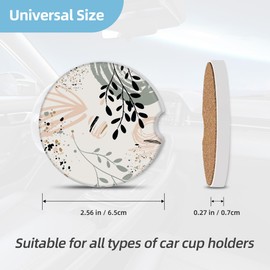 2 Pack Car Coasters for Cup Holders, 2.56 in Absorbent Ceramic Stone Cute Car Cup Holder Coaster with Finger Notch, Non-Slip Cork Base Car Accessories Decor Drink Coasters for Women Men(Boho Leaf)
