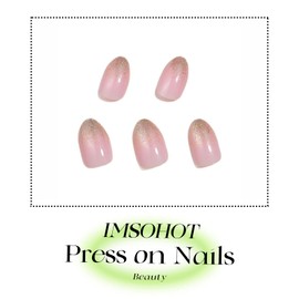 IMSOHOT Press on Nails Medium Almond Fake Nails Glossy Golden Glitter Gradient False Nails Nude Pink Full Cover Acrylic Artificial Reusable Glue Stick on Nails 24Pcs