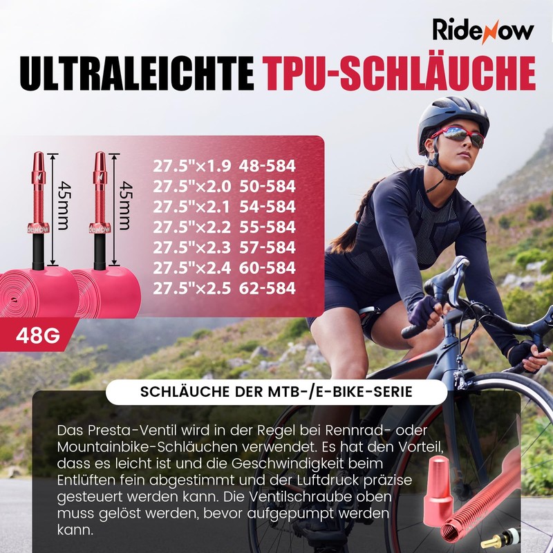 RideNow TPU MTB Inner Tube 27.5 Inch FV45 mm Metal