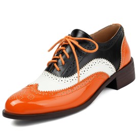 Women's Patent Leather Perforated Lace-up Oxfords Multicolor Colorful Brogues Wingtip Derby Shoe Ladies Plus Size Vintage Dress Oxfords-15 Yards (Orange,9,Women,9)