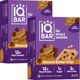 IQBAR Brain and Body Plant Protein Bars - Almond Butter Chip - 24 Count, Low Carb, High Fiber, Gluten Free, Vegan Snacks - Low Sugar Keto Energy Bars