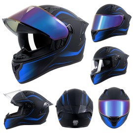 Full Face Motorcycle Helmets for Adult Men Women, DOT Approved Street Bike Racing Helmet Dual Visor Quick Release Buckle, Motorbike ADV Moped Helmet with Extra Clear Visor (Matte Black Blue, M)
