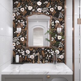 ILHIIOR Brown Floral Peel and Stick Wallpaper Boho Leaf Contact Paper Dark Flower Removable Self Adhesive Waterproof Wall Paper for Cabinet Drawers Wall Decor Renter Friendly 17.5''x78.7''