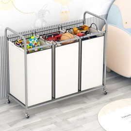 3 Bag Laundry Sorting Truck with Heavy-duty Wheel Design, Making Bag Disassembly More Convenient Organiser - Colour: beige