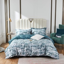 MILDLY 100% Long Staple Cotton Duvet Cover Set Queen Size, Aqua Blue Peacock Tail Plume Pattern Printed Comforter Cover Set