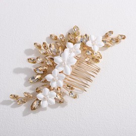 Teyglen Champagne Crystal Rhinestone Hair Comb with White Flower Hair Piece for Bride Flower Wedding Hair Comb Floral Hair Accessories for Women Bridal Party Prom Headpiece(Champagne)