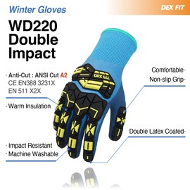 DEX FIT Waterproof Work Gloves WD220 Double Impact, Thermal and Insulated with Warm Fleece, Shock Absorbing and Flexible, Non-slip Sandy Latex Grip, Machine Washable; Blue XL (10) 1 Pair