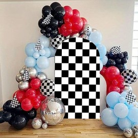Arch Backdrop Covers Racing Checker Texture Black and White Chiara Arch Cover for Baby Shower Birthday Party Race Car Theme (7.2FT)