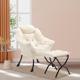 Youtanic Lazy Chair with Folding Ottoman, Accent Chair Plush Upholstered with Metal Structure and Non-Slip Pads, Sofa Armchair with Footrest and Side Storage Bag for Dorm, Room, Office, Beige