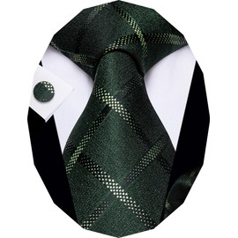 YourTies Green Ties for Men Silk Tie and Pocket Square Clip Set Classic Plaid Necktie Formal Business
