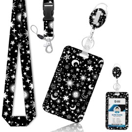 ID Badge Holder with Retractable Reel Clip and Detachable Lanyard Strap,for Offices,Staff,Students,Employees(Moon Stars)