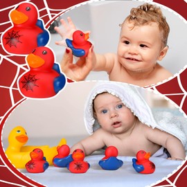 Leyndo 24 Pcs Spiderweb Birthday Party Decoration Favors Spiderweb Rubber Duck Bulk for Bathtub Floating Pool Squeaky Red Blue Duck for Gifts Party Supplies