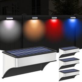 Super Bright Solar Fence Lights, 4 Pack Outdoor Wall & Deck Lights, 60 Lumen Waterproof, 8 Modes Warm & Cool White, RGB, for Backyard, Garden, Fence, Wall, Deck Railing, Stairs, Outdoor Decor