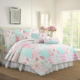 Cozy Line Home Fashions Azalea Floral Chintz PaisleyMicrofiber Reversible Quilt Bedding Set Coverlet, Bedspread, Pink Rose, 5-Piece Twin Set with Décor Pillows