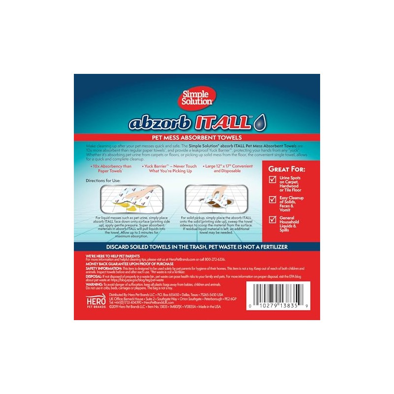 Simple Solution Abzorbitall Pet Mess Toallas absorbentes Hojas de limpieza