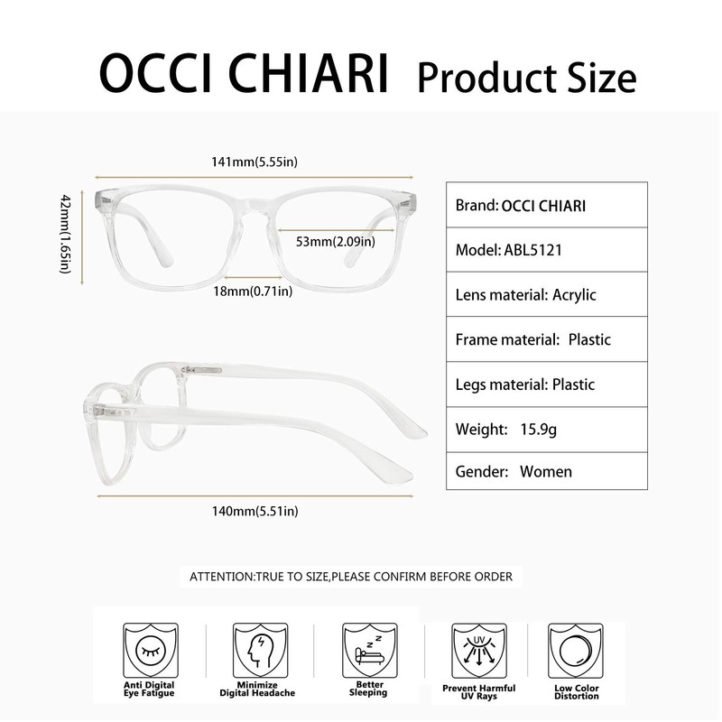 OCCI CHIARI Clear Blue Light Blocking Glasses Women, Rectangular Screen