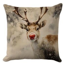 PreLiving Christmas Reindeer Pillow Cover 18x18 – Cute Red-Nosed Deer Throw Pillow – Festive Winter Cushion for Holiday Farmhouse or Rustic Cabin Decor
