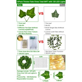 [ Timer ] Fake Ivy Vines 12 Pack 84Ft with 120 LED Vines with Lights Large & Small Thick Leaves String Lights Hanging Ivy Vines Lights for Bedroom Gardens Wedding Wall Room Decor